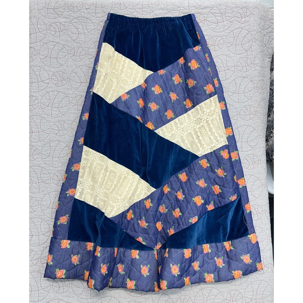 VTG Chessa Davis Skirt Blue Quilted Patchwork Floral Lace / Women's Large